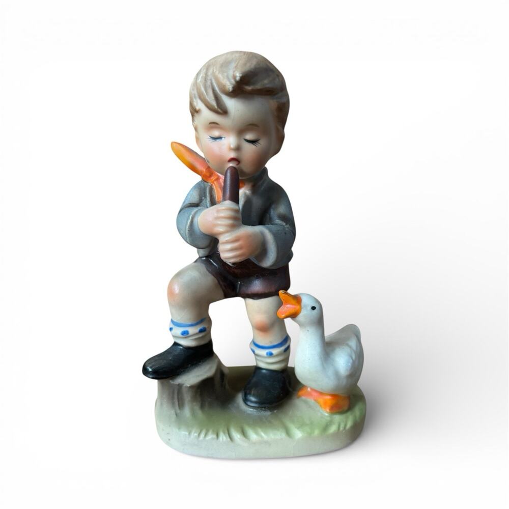 Vintage Erich Stauffer - Boy Playing Flute For Duck - 5” Porcelain Figurine